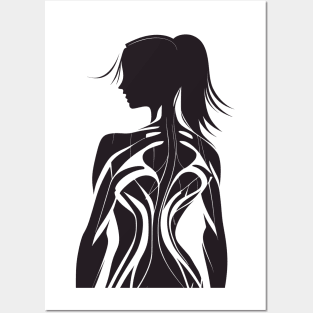 Woman's body black and white silhouette showing muscles in her back Posters and Art